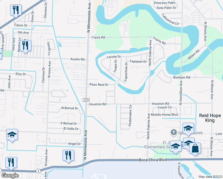 map of restaurants, bars, coffee shops, grocery stores, and more near 889 Sinaloa Drive in Brownsville