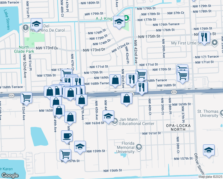 map of restaurants, bars, coffee shops, grocery stores, and more near 4381 Northwest 167th Terrace in Miami Gardens