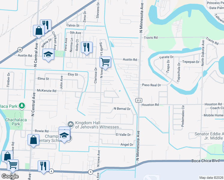 map of restaurants, bars, coffee shops, grocery stores, and more near 75 Vera Cruz Avenue in Brownsville