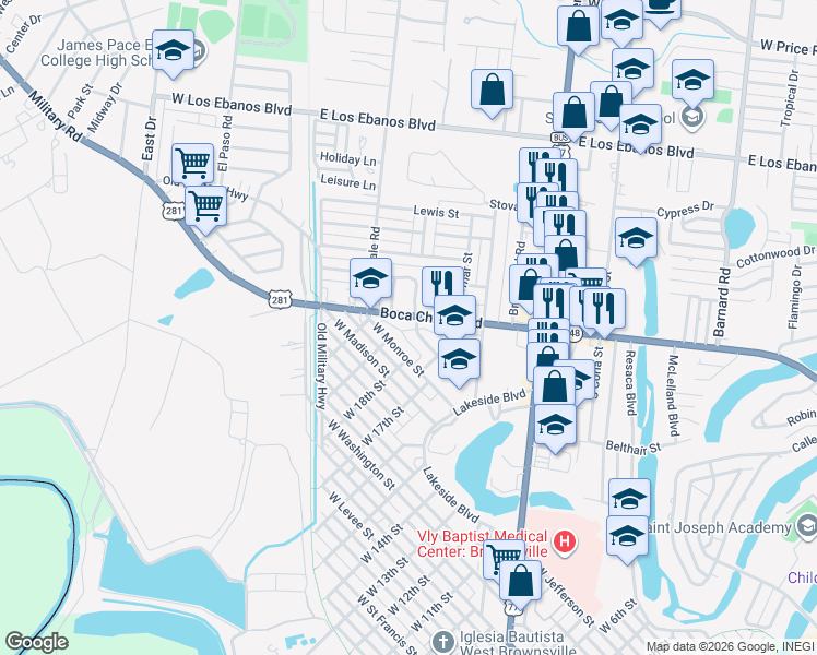 map of restaurants, bars, coffee shops, grocery stores, and more near 244 Boca Chica Boulevard in Brownsville