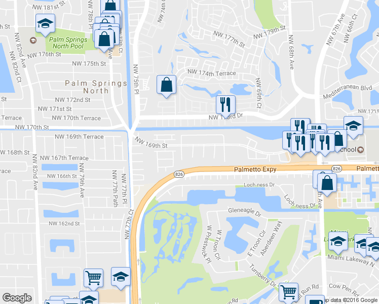 map of restaurants, bars, coffee shops, grocery stores, and more near 16812 NW 73rd Ct in Hialeah