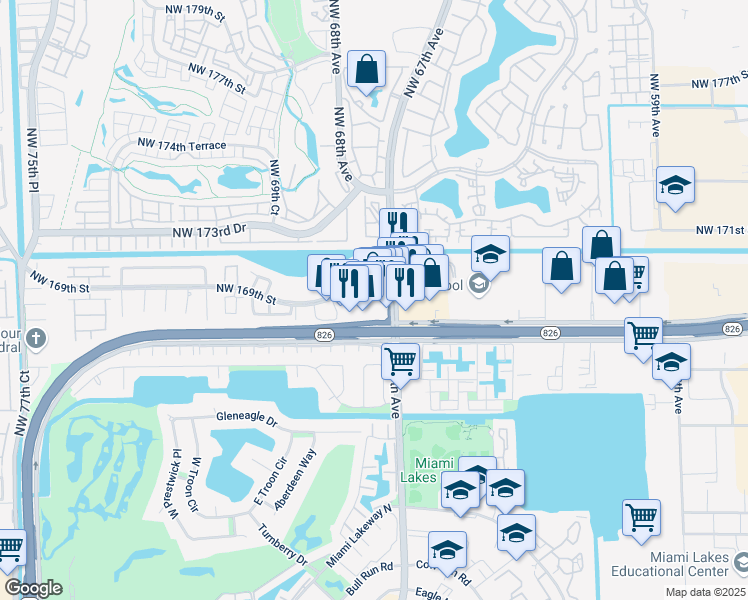map of restaurants, bars, coffee shops, grocery stores, and more near 16800 Northwest 67th Avenue in Hialeah