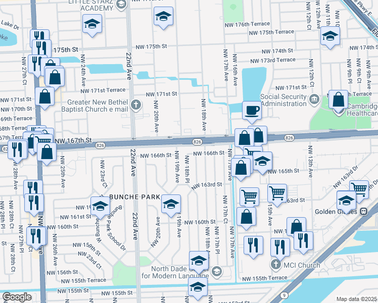 map of restaurants, bars, coffee shops, grocery stores, and more near 1861 Northwest 166th Street in Opa-locka
