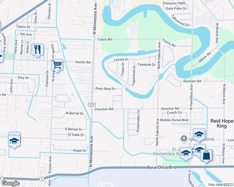 map of restaurants, bars, coffee shops, grocery stores, and more near 889 Sinaloa Drive in Brownsville