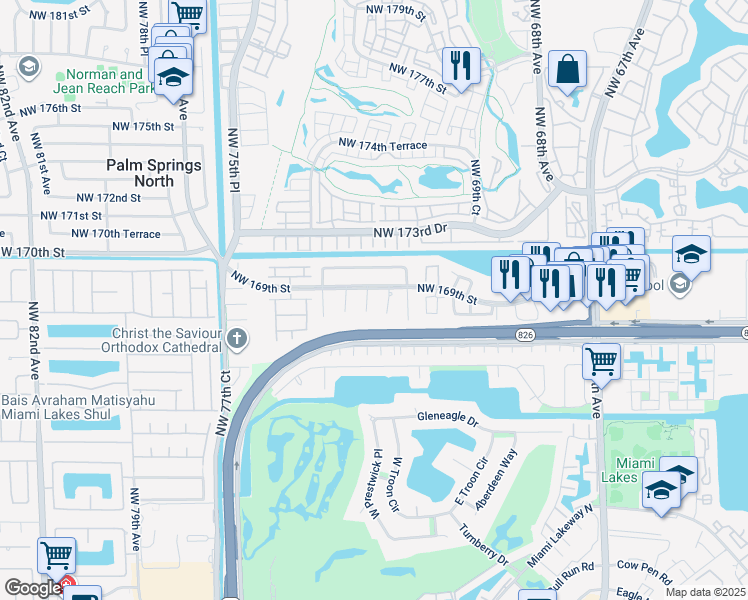 map of restaurants, bars, coffee shops, grocery stores, and more near 16811 Northwest 73rd Avenue in Hialeah