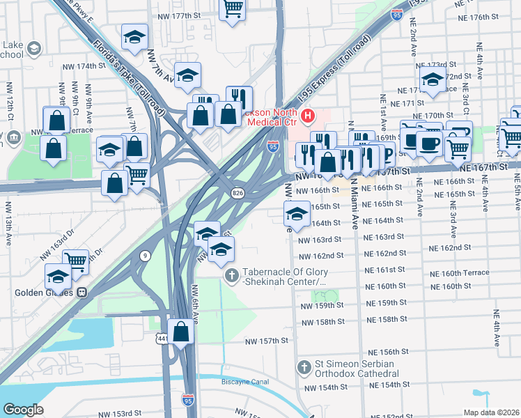 map of restaurants, bars, coffee shops, grocery stores, and more near 290 Northwest 165th Street in Miami
