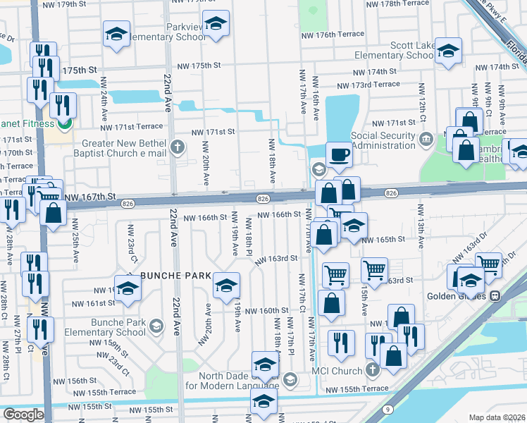 map of restaurants, bars, coffee shops, grocery stores, and more near 1781 Northwest 166th Street in Opa-locka