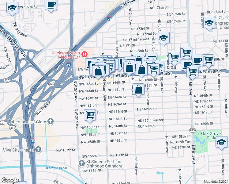 map of restaurants, bars, coffee shops, grocery stores, and more near 70 NE 165th St in Miami