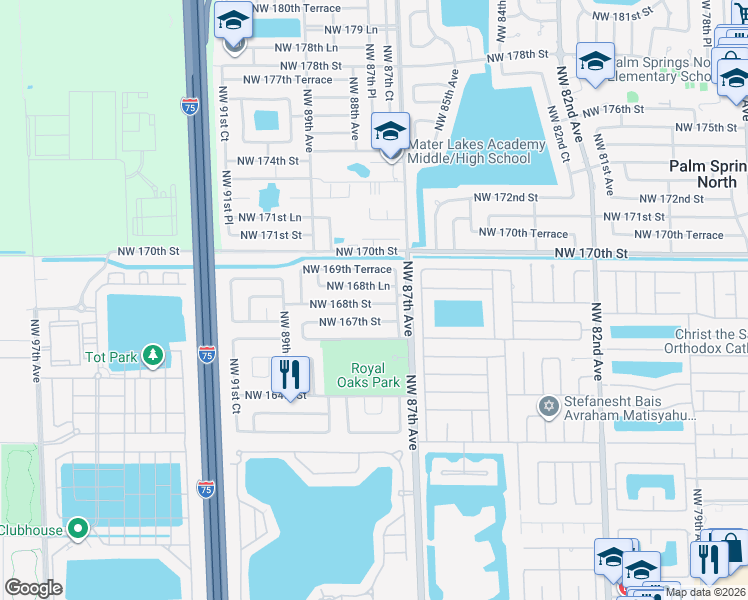 map of restaurants, bars, coffee shops, grocery stores, and more near 8765 Northwest 168th Street in Miami Lakes
