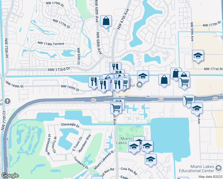 map of restaurants, bars, coffee shops, grocery stores, and more near 16800 Northwest 67th Avenue in Hialeah