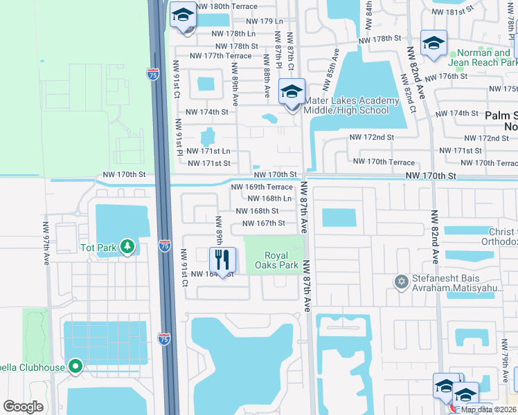 map of restaurants, bars, coffee shops, grocery stores, and more near 8835 Northwest 168th Street in Miami Lakes
