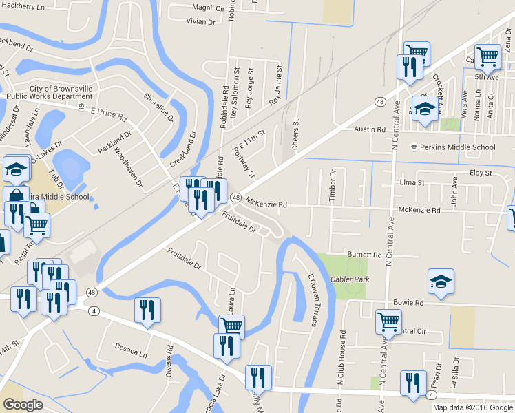 map of restaurants, bars, coffee shops, grocery stores, and more near 67 McKenzie Rd in Brownsville