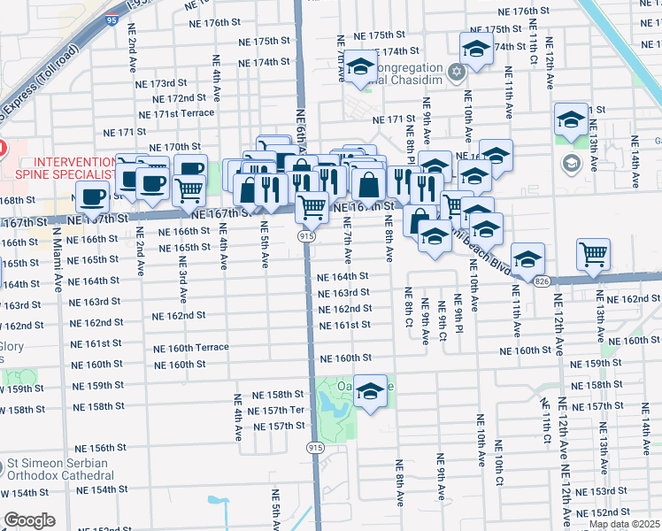 map of restaurants, bars, coffee shops, grocery stores, and more near 640 Northeast 164th Terrace in Miami