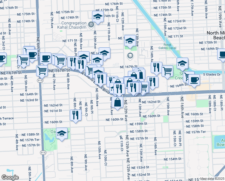 map of restaurants, bars, coffee shops, grocery stores, and more near 1104 Northeast 164th Street in North Miami Beach