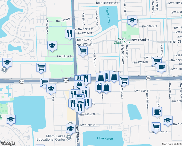 map of restaurants, bars, coffee shops, grocery stores, and more near 5411 Northwest 168th Terrace in Miami Gardens
