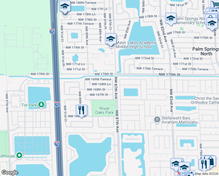 map of restaurants, bars, coffee shops, grocery stores, and more near 8765 Northwest 168th Street in Miami Lakes