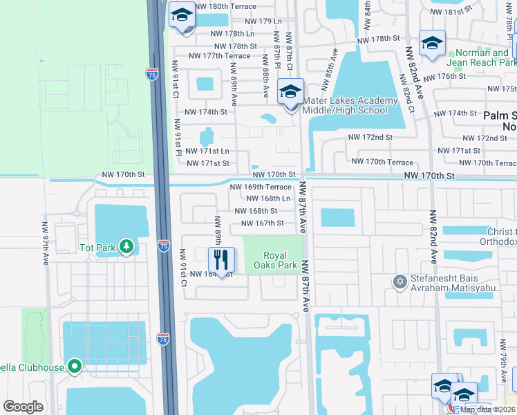 map of restaurants, bars, coffee shops, grocery stores, and more near 8835 Northwest 168th Street in Miami Lakes