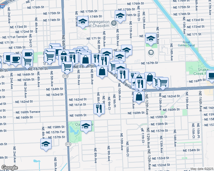 map of restaurants, bars, coffee shops, grocery stores, and more near 917 Northeast 164th Street in North Miami Beach