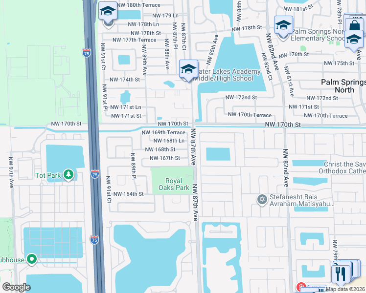 map of restaurants, bars, coffee shops, grocery stores, and more near 8765 Northwest 168th Street in Miami Lakes