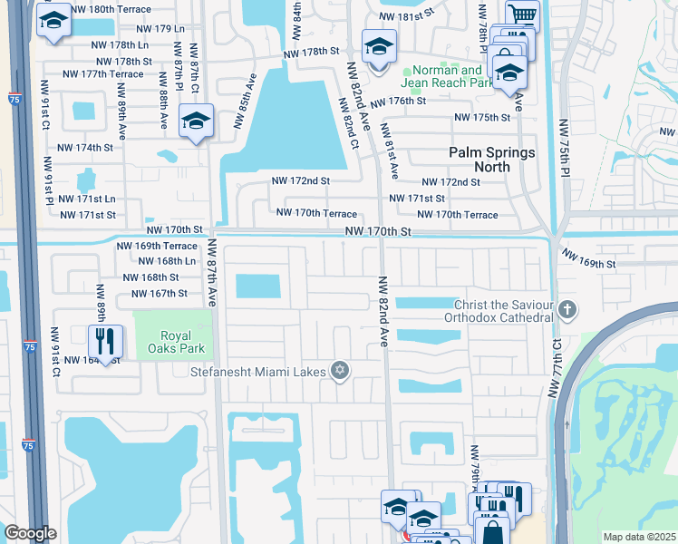 map of restaurants, bars, coffee shops, grocery stores, and more near 16802 Northwest 83rd Avenue in Hialeah