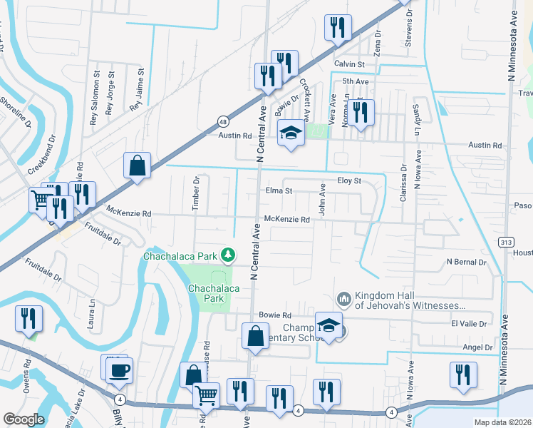 map of restaurants, bars, coffee shops, grocery stores, and more near 4615 McKenzie Road in Brownsville