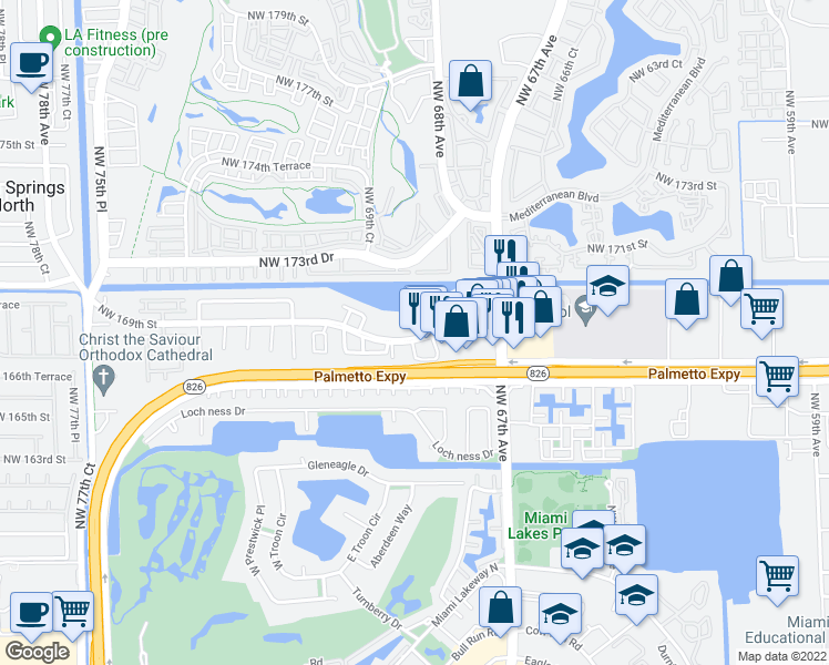 map of restaurants, bars, coffee shops, grocery stores, and more near 6900 Northwest 169th Street in Hialeah