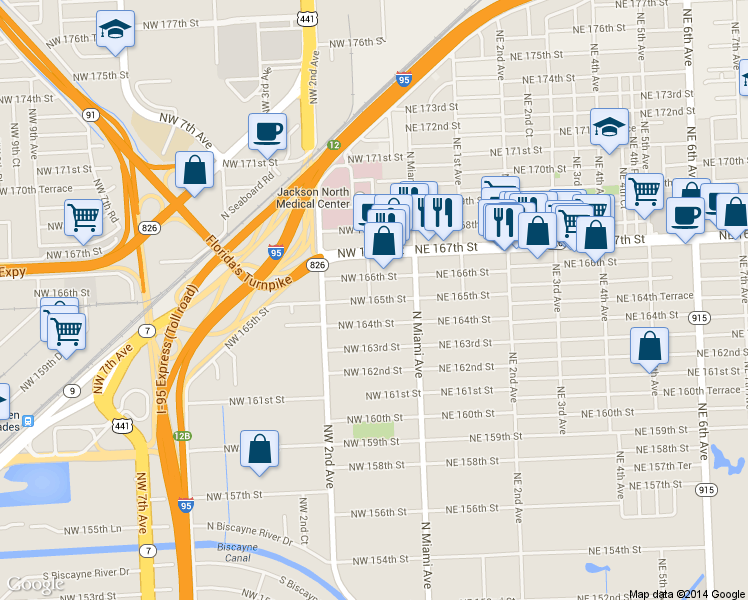 map of restaurants, bars, coffee shops, grocery stores, and more near 92 Northwest 165th Street in Miami