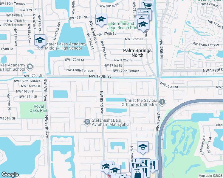 map of restaurants, bars, coffee shops, grocery stores, and more near 16731 Northwest 81st Avenue in Miami Lakes