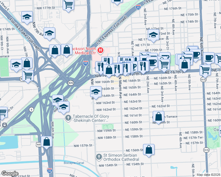 map of restaurants, bars, coffee shops, grocery stores, and more near 98 Northwest 165th Street in Miami