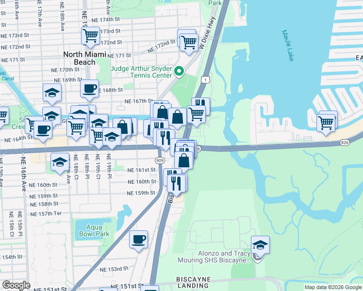 map of restaurants, bars, coffee shops, grocery stores, and more near 16249 Biscayne Boulevard in North Miami Beach