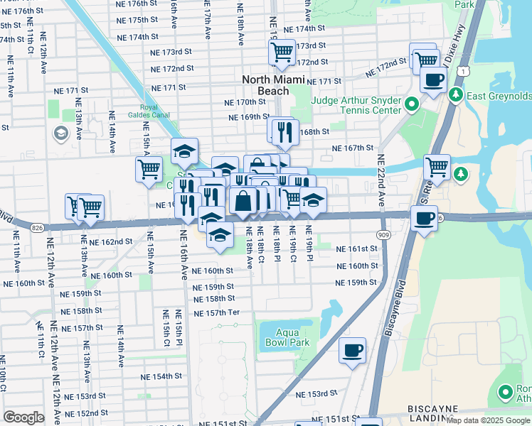 map of restaurants, bars, coffee shops, grocery stores, and more near in North Miami Beach