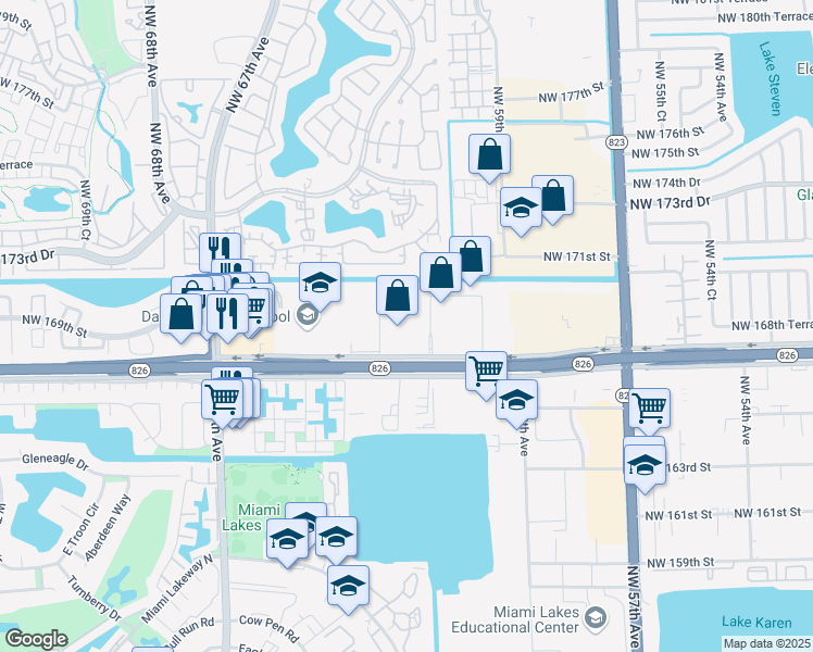 map of restaurants, bars, coffee shops, grocery stores, and more near 6157 Northwest 167th Street in Hialeah