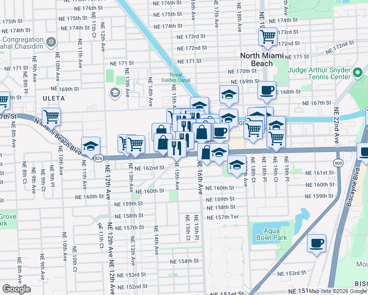 map of restaurants, bars, coffee shops, grocery stores, and more near 1523 North Miami Beach Boulevard in North Miami Beach