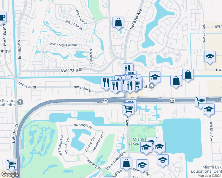 map of restaurants, bars, coffee shops, grocery stores, and more near 6844 Northwest 169th Street in Hialeah