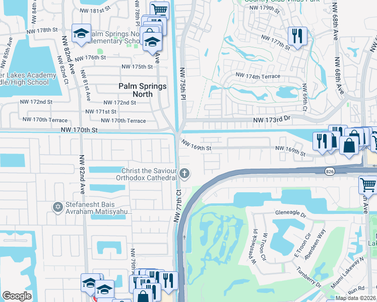 map of restaurants, bars, coffee shops, grocery stores, and more near 7665 Northwest 168th Street in Hialeah