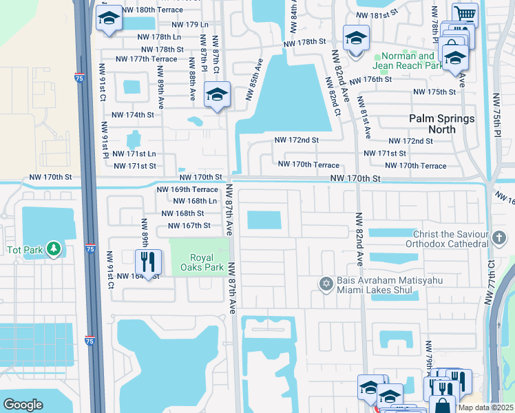 map of restaurants, bars, coffee shops, grocery stores, and more near 8532 Northwest 168th Terrace in Hialeah
