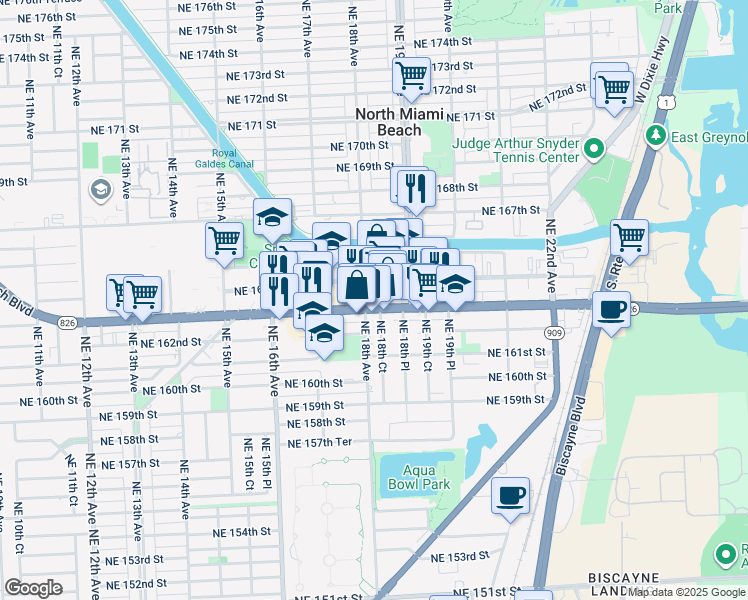 map of restaurants, bars, coffee shops, grocery stores, and more near in North Miami Beach