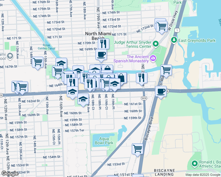 map of restaurants, bars, coffee shops, grocery stores, and more near 1973 Northeast 163rd Street in Miami