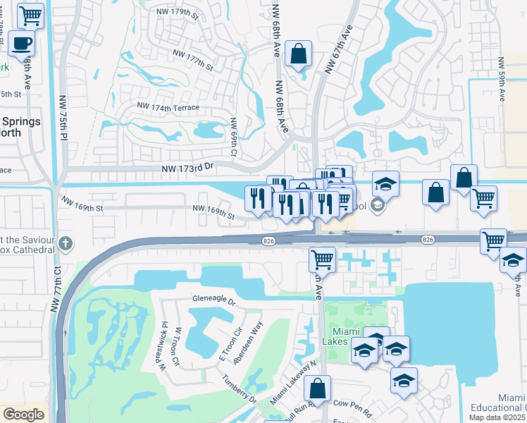 map of restaurants, bars, coffee shops, grocery stores, and more near 6745 Northwest 169th Street in Hialeah