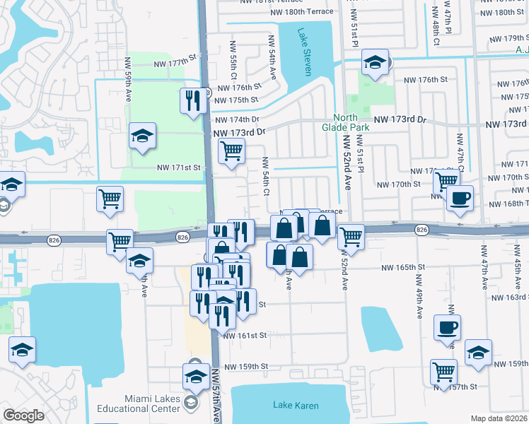 map of restaurants, bars, coffee shops, grocery stores, and more near 5411 Northwest 168th Terrace in Miami Gardens