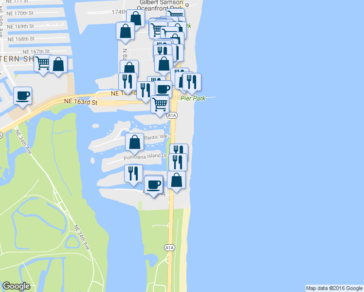 map of restaurants, bars, coffee shops, grocery stores, and more near in Sunny Isles Beach