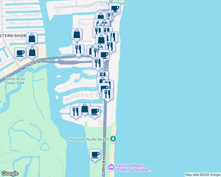 map of restaurants, bars, coffee shops, grocery stores, and more near in Sunny Isles Beach