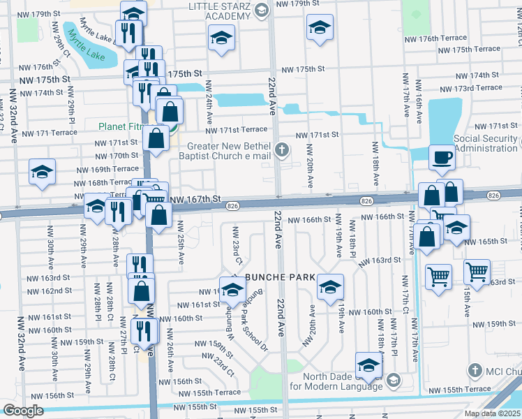 map of restaurants, bars, coffee shops, grocery stores, and more near 2250 Northwest 167th Street in Opa-locka