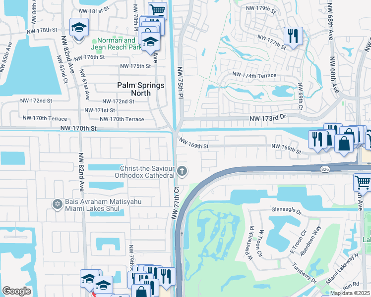 map of restaurants, bars, coffee shops, grocery stores, and more near 7665 Northwest 168th Street in Hialeah
