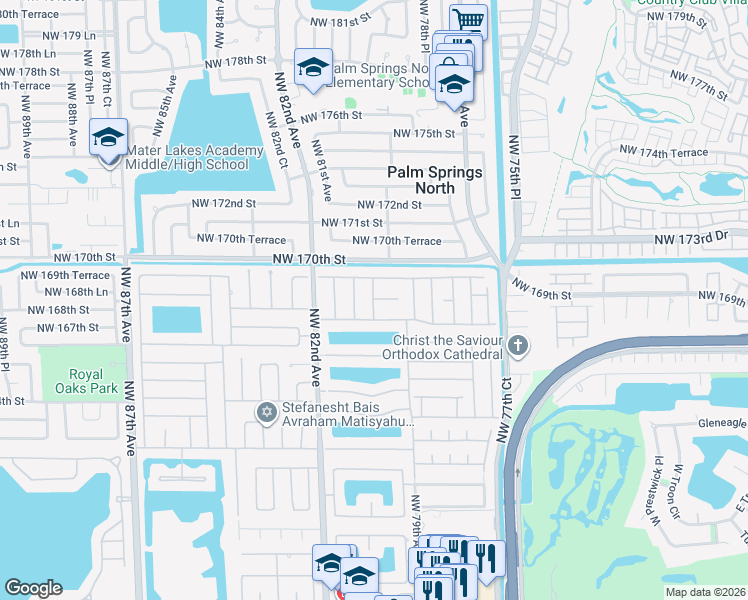 map of restaurants, bars, coffee shops, grocery stores, and more near 16731 Northwest 79th Court in Hialeah