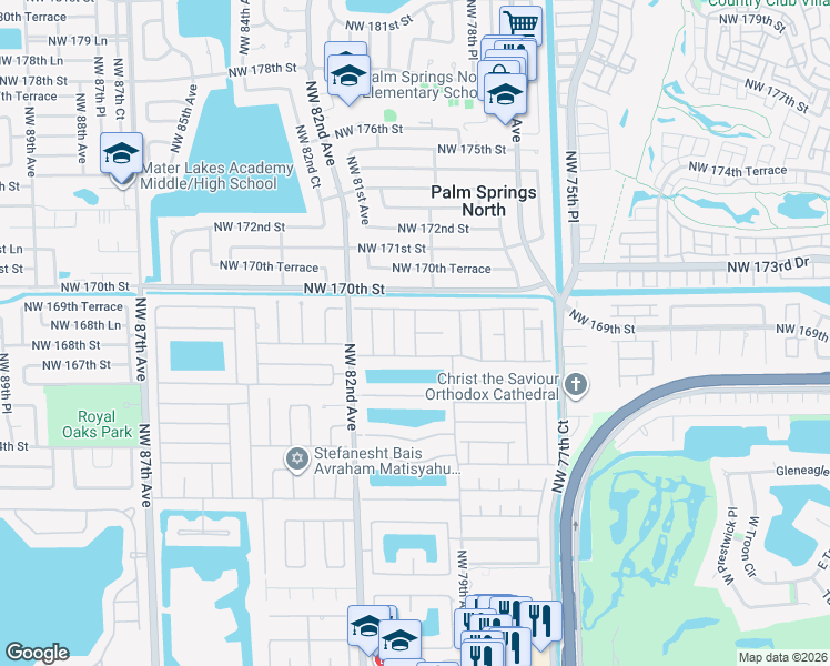 map of restaurants, bars, coffee shops, grocery stores, and more near 16731 Northwest 79th Court in Hialeah