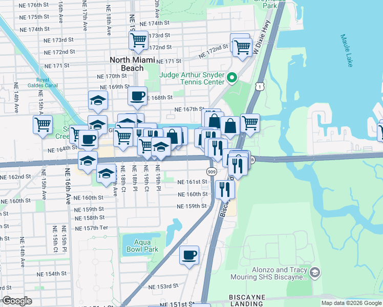 map of restaurants, bars, coffee shops, grocery stores, and more near 2170 Northeast 163rd Street in North Miami Beach