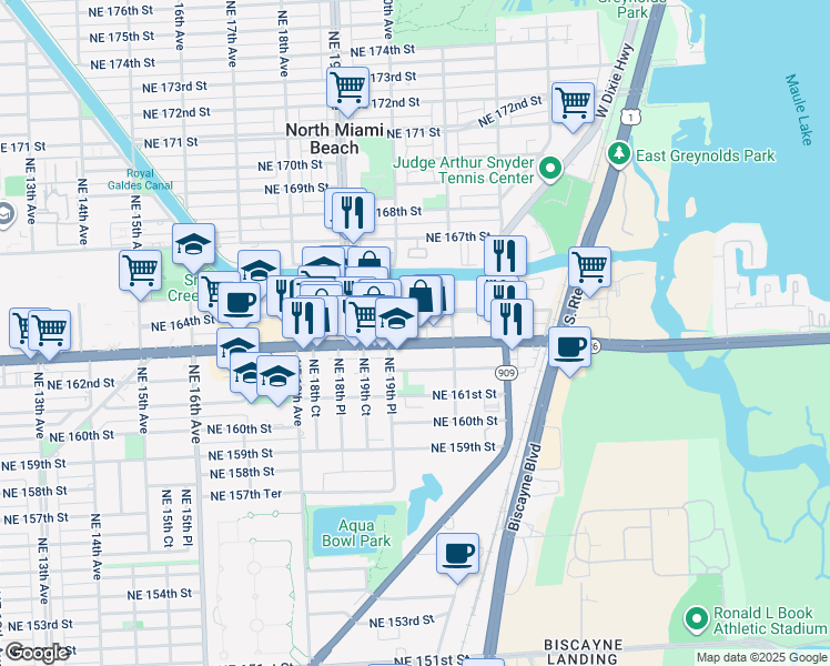 map of restaurants, bars, coffee shops, grocery stores, and more near 1973 Northeast 163rd Street in Miami