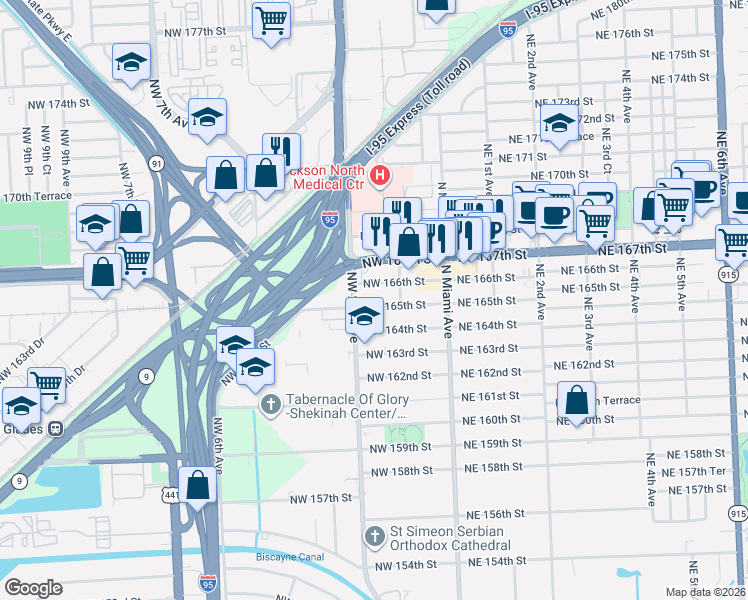 map of restaurants, bars, coffee shops, grocery stores, and more near 152 Northwest 165th Street in Miami