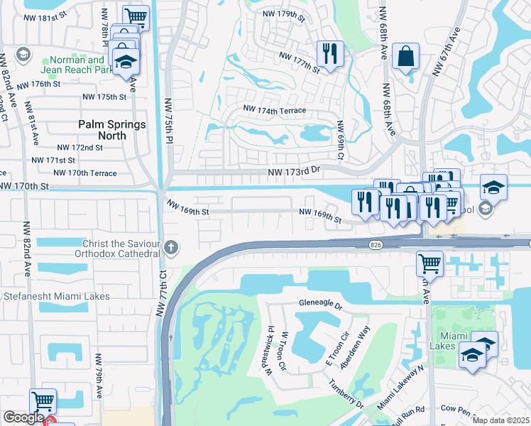 map of restaurants, bars, coffee shops, grocery stores, and more near 16811 Northwest 73rd Avenue in Hialeah